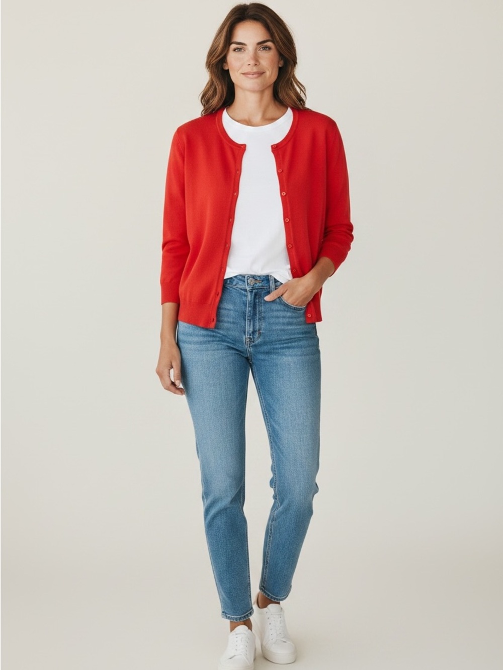 CABLE & GAUGE womens Red Crew neck Button-Front Cardigan Sweater size medium